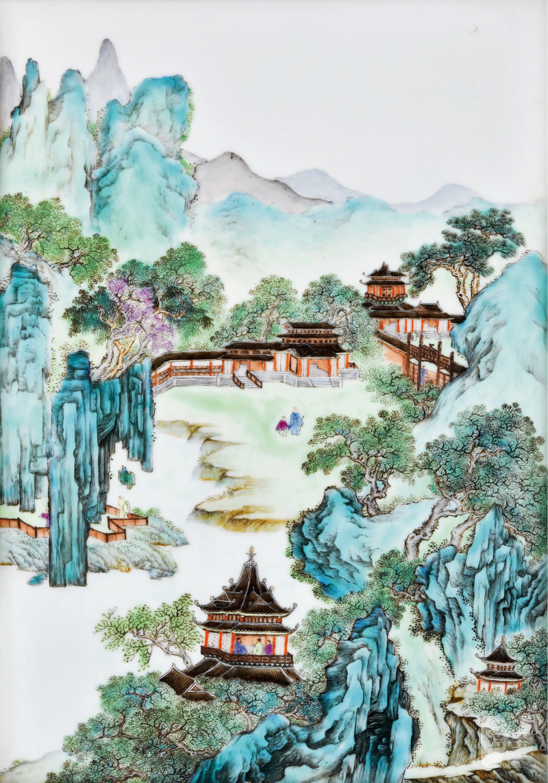 民国 粉彩宋人诗意山水图瓷板 - 图1